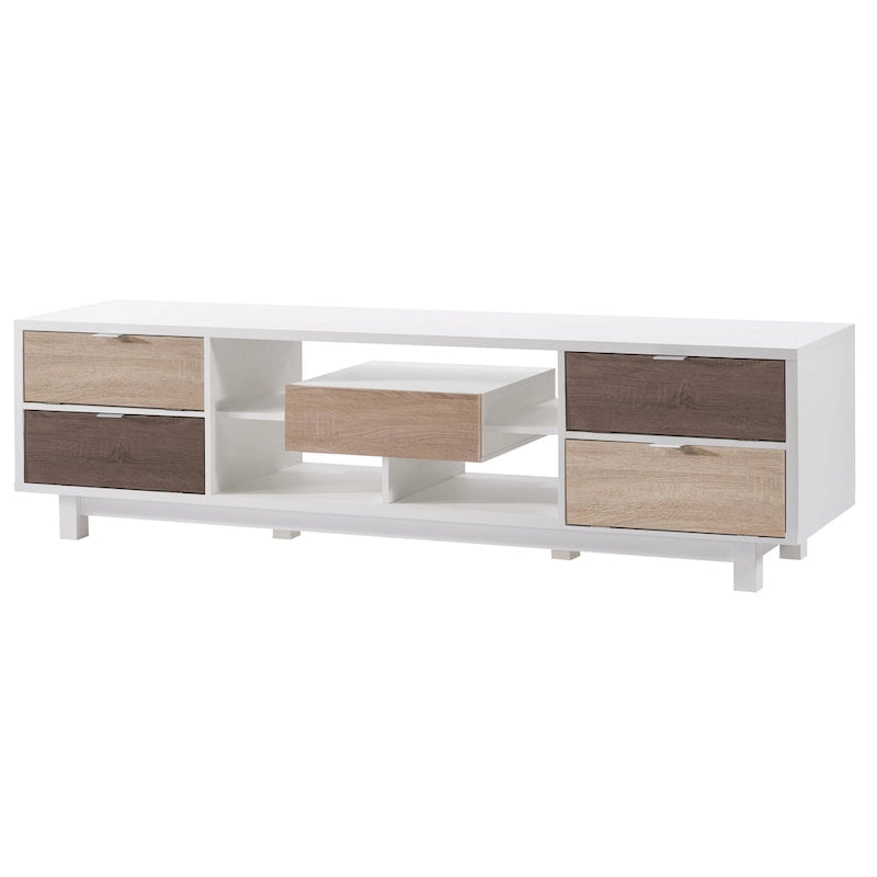 Meuble TV en bois blanc de style moderne du milieu du siècle avec deux tiroirs de 70 pouces