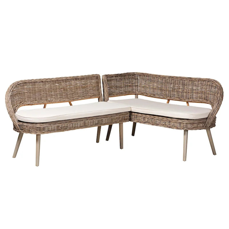Ensemble de banquette d'angle 2 pièces pour salle à manger en rotin Kubu naturel et bois d'acacia, style bohème moderne
