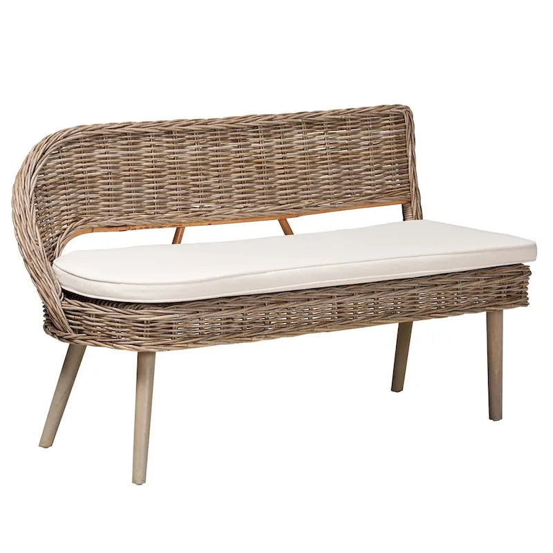 Ensemble de banquette d'angle 2 pièces pour salle à manger en rotin Kubu naturel et bois d'acacia, style bohème moderne