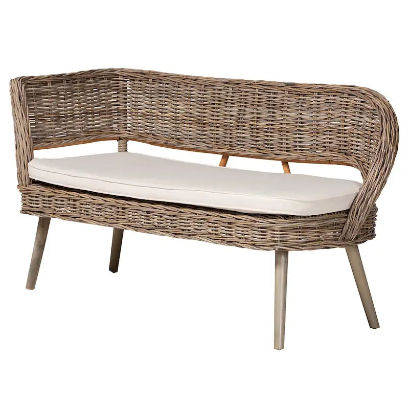 Ensemble de banquette d'angle 2 pièces pour salle à manger en rotin Kubu naturel et bois d'acacia, style bohème moderne