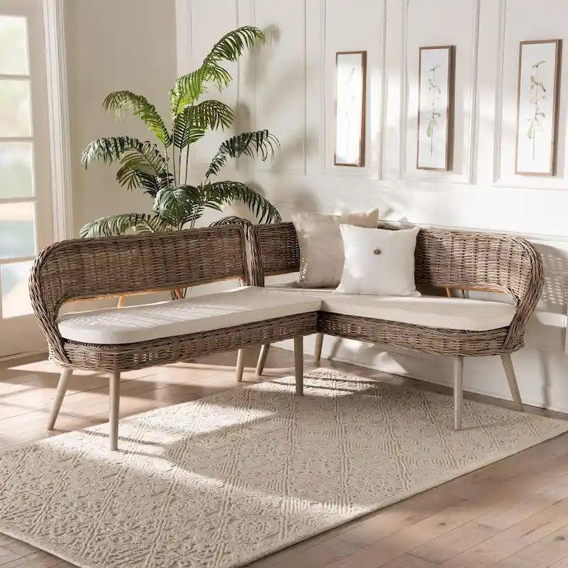 Ensemble de banquette d'angle 2 pièces pour salle à manger en rotin Kubu naturel et bois d'acacia, style bohème moderne