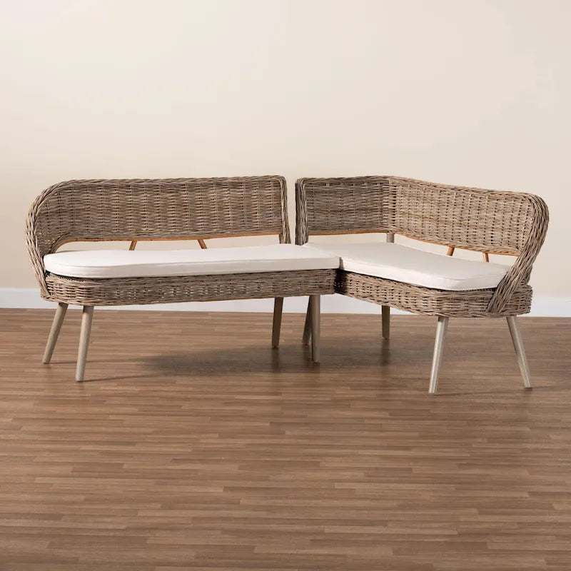 Ensemble de banquette d'angle 2 pièces pour salle à manger en rotin Kubu naturel et bois d'acacia, style bohème moderne