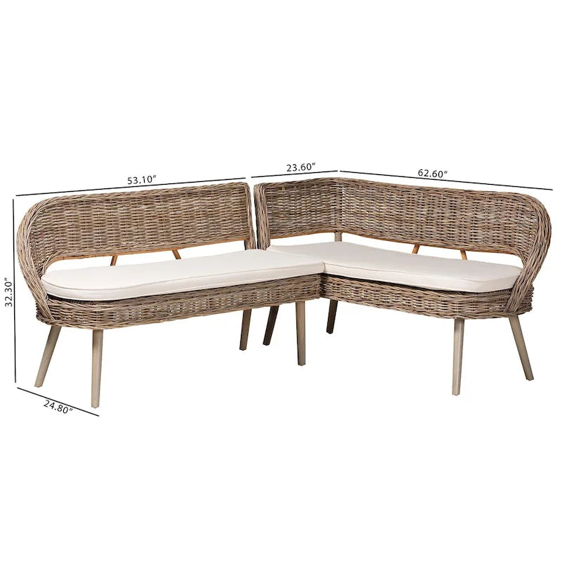 Ensemble de banquette d'angle 2 pièces pour salle à manger en rotin Kubu naturel et bois d'acacia, style bohème moderne