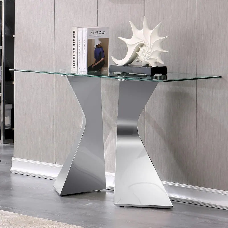 Console de luxe de 130 cm, rectangulaire, pour canapé ou entrée, avec plateau en verre trempé rectangulaire et pieds en métal