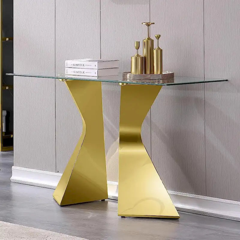 Console de luxe de 130 cm, rectangulaire, pour canapé ou entrée, avec plateau en verre trempé rectangulaire et pieds en métal