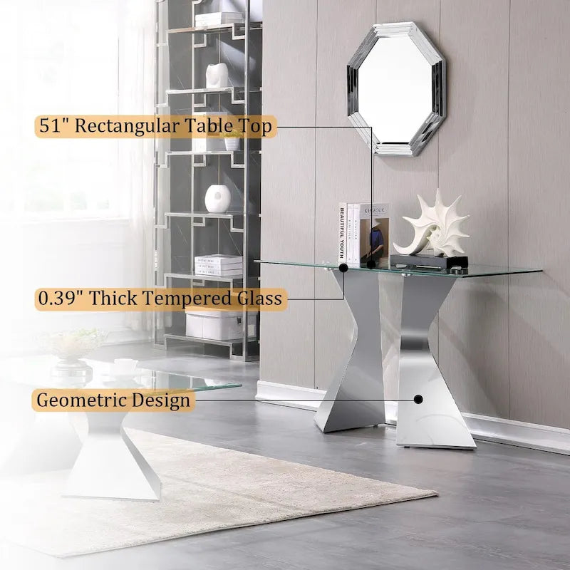Console de luxe de 130 cm, rectangulaire, pour canapé ou entrée, avec plateau en verre trempé rectangulaire et pieds en métal