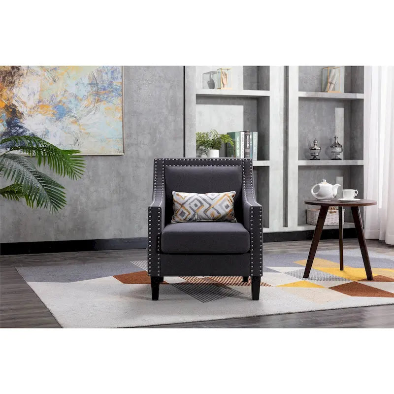 Fauteuil de salon en tissu de lin clouté avec pieds en bois massif