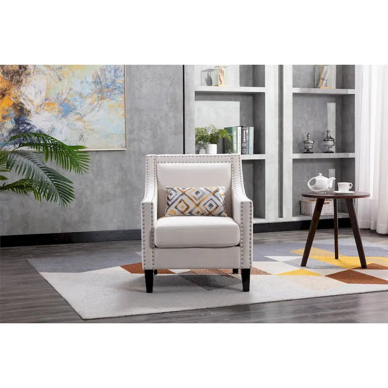 Fauteuil de salon en tissu de lin clouté avec pieds en bois massif