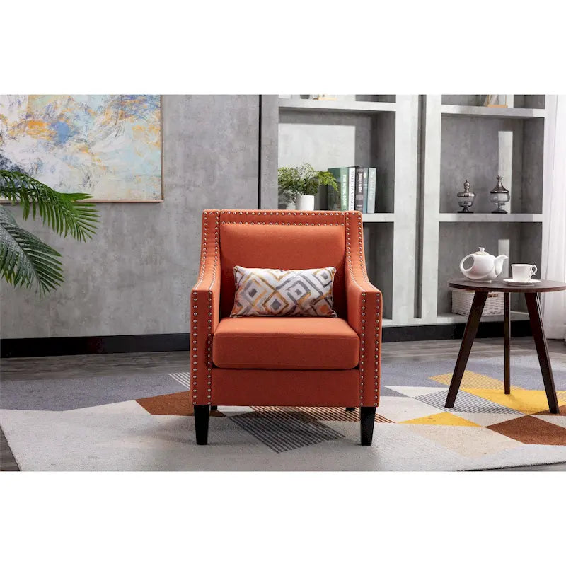 Fauteuil de salon en tissu de lin clouté avec pieds en bois massif