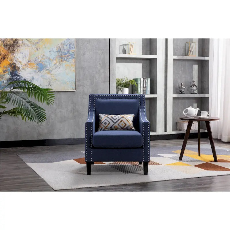 Fauteuil de salon en tissu de lin clouté avec pieds en bois massif