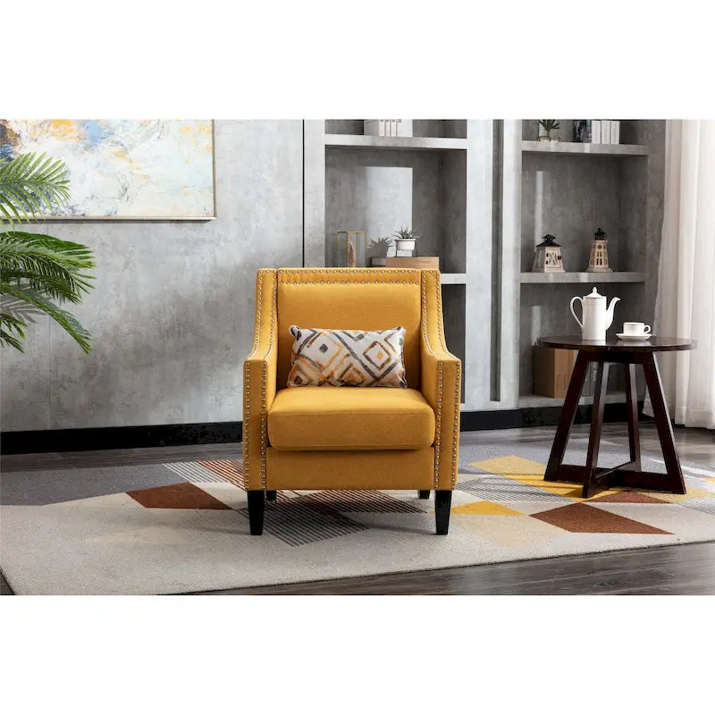 Fauteuil de salon en tissu de lin clouté avec pieds en bois massif