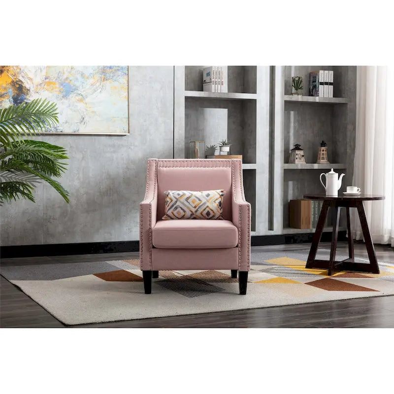 Fauteuil de salon en tissu de lin clouté avec pieds en bois massif