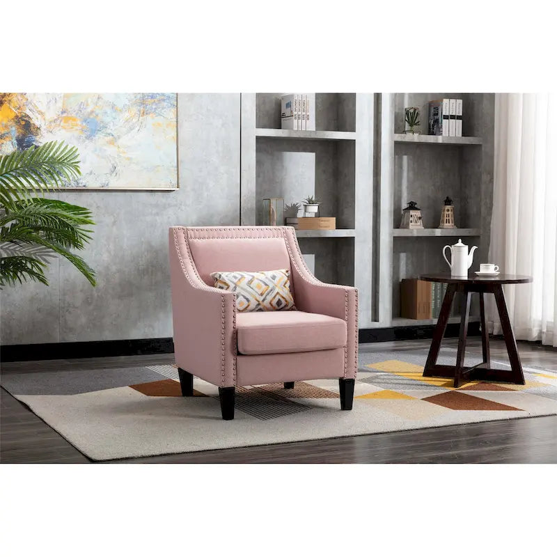 Fauteuil de salon en tissu de lin clouté avec pieds en bois massif