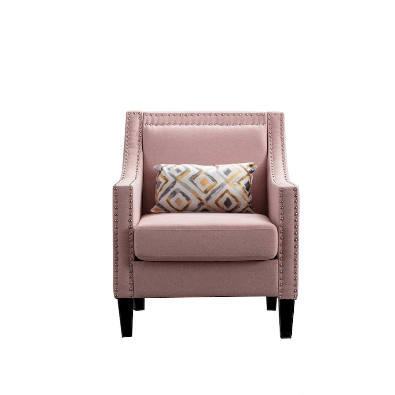 Fauteuil de salon en tissu de lin clouté avec pieds en bois massif