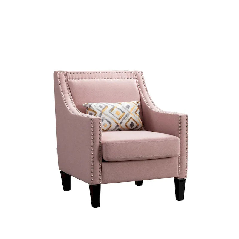 Fauteuil de salon en tissu de lin clouté avec pieds en bois massif