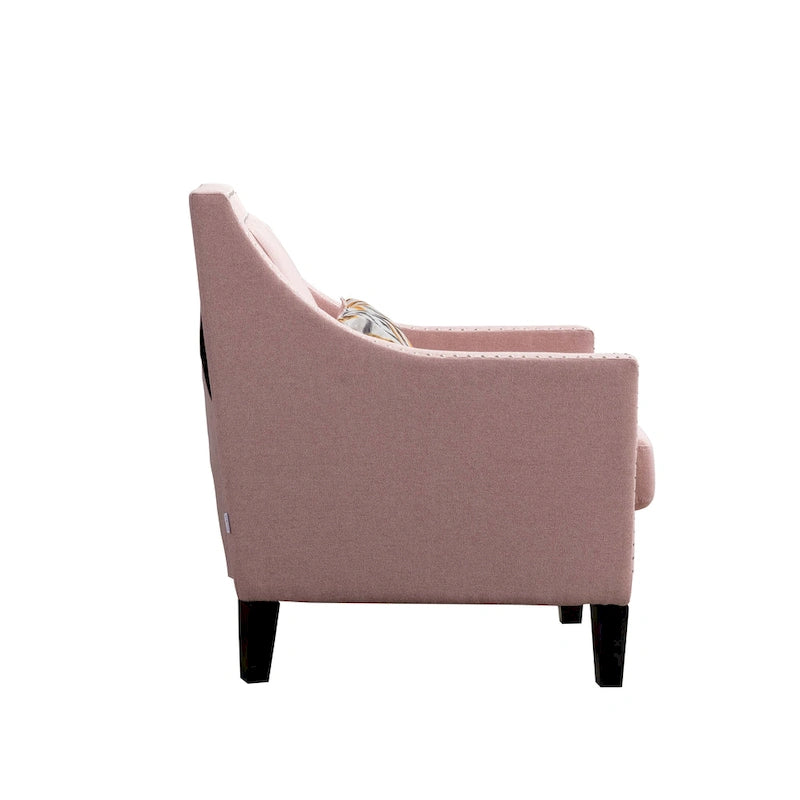 Fauteuil de salon en tissu de lin clouté avec pieds en bois massif
