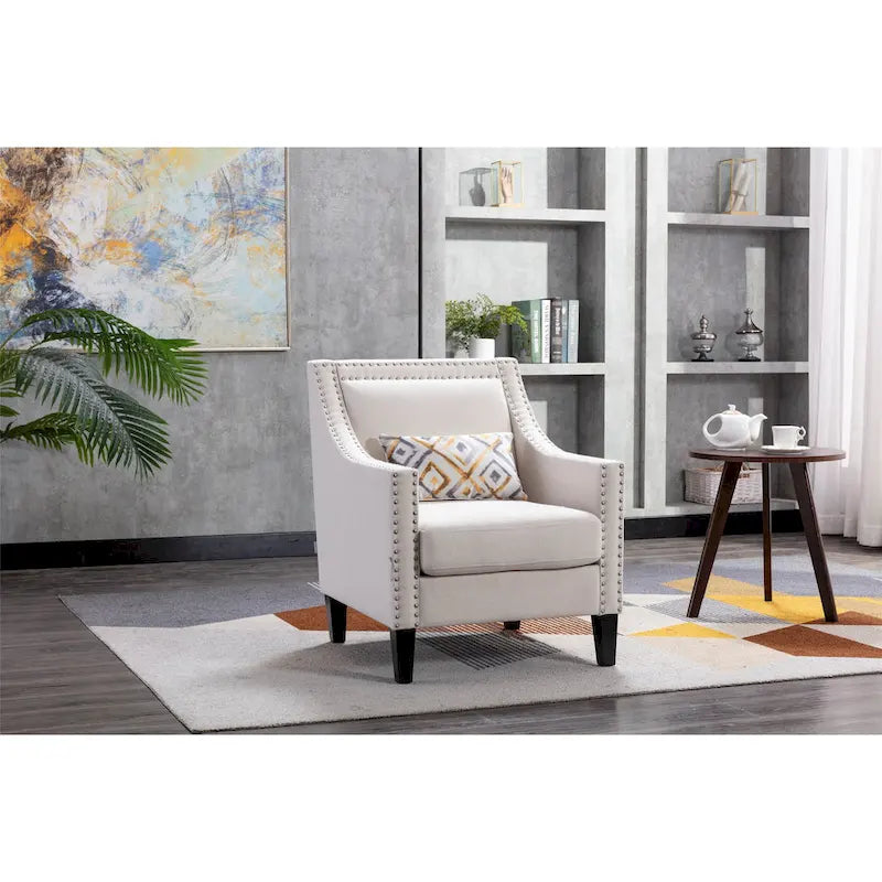 Fauteuil de salon en tissu de lin clouté avec pieds en bois massif