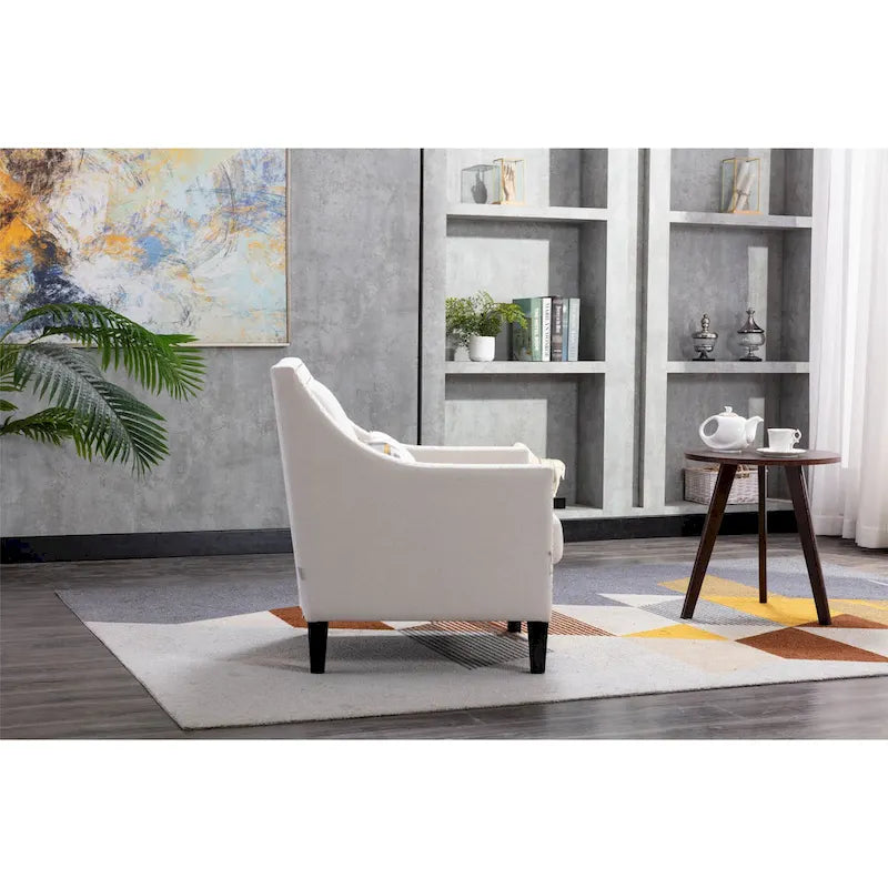 Fauteuil de salon en tissu de lin clouté avec pieds en bois massif