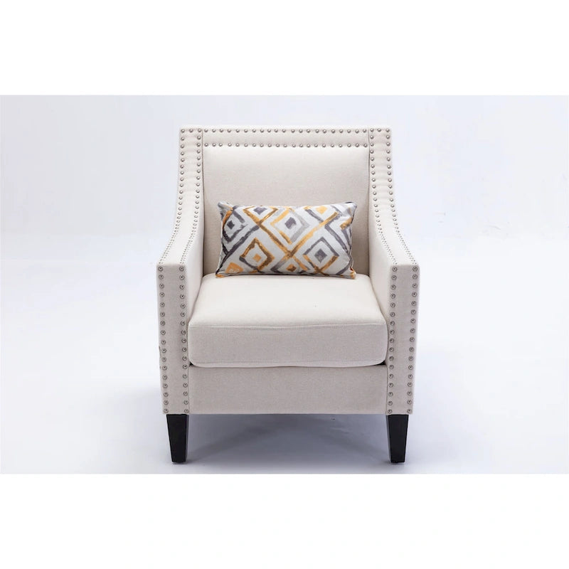 Fauteuil de salon en tissu de lin clouté avec pieds en bois massif