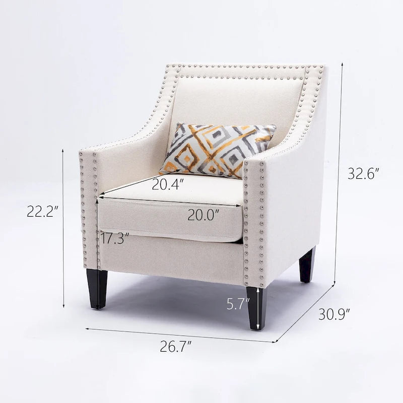 Fauteuil de salon en tissu de lin clouté avec pieds en bois massif