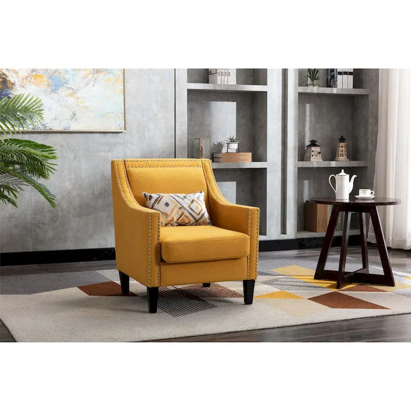 Fauteuil de salon en tissu de lin clouté avec pieds en bois massif