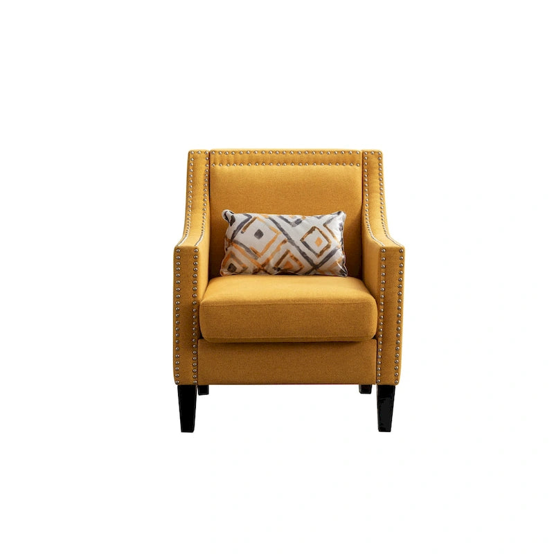 Fauteuil de salon en tissu de lin clouté avec pieds en bois massif