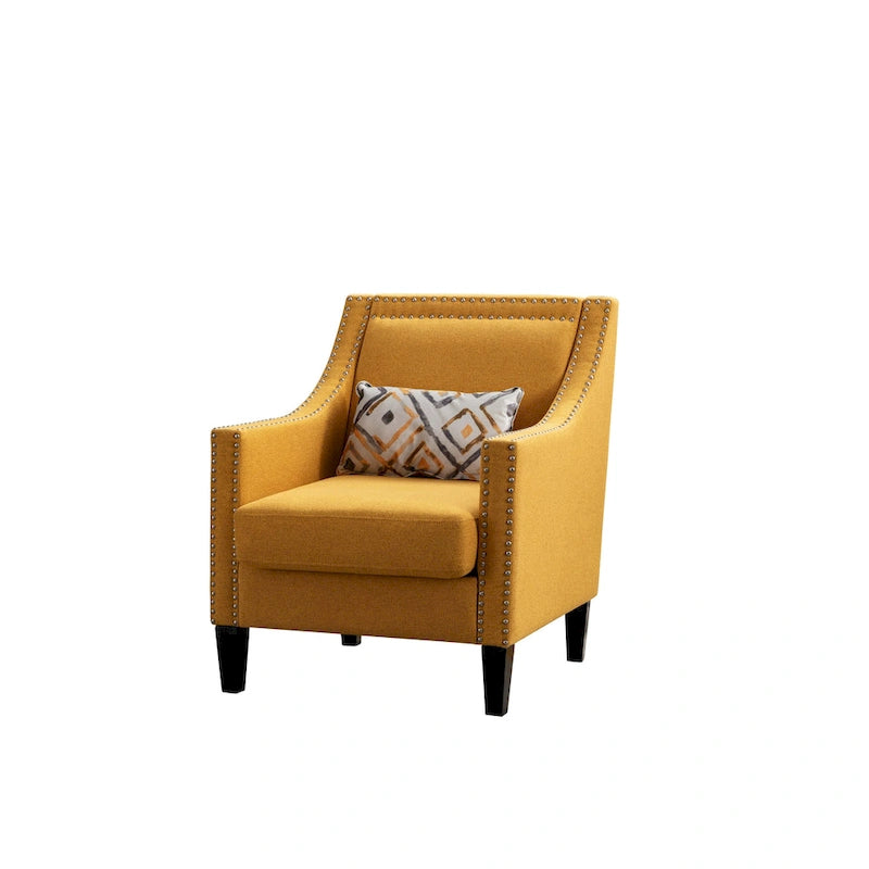 Fauteuil de salon en tissu de lin clouté avec pieds en bois massif