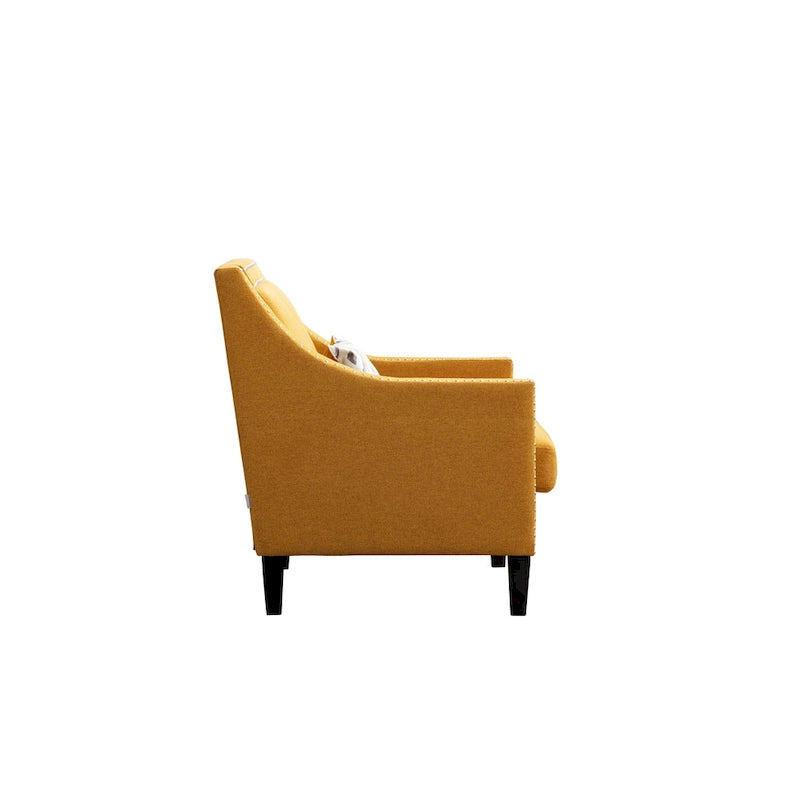 Fauteuil de salon en tissu de lin clouté avec pieds en bois massif