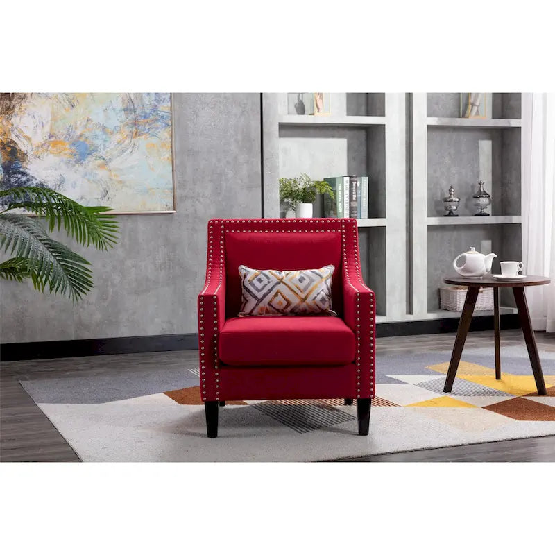 Fauteuil de salon en tissu de lin clouté avec pieds en bois massif