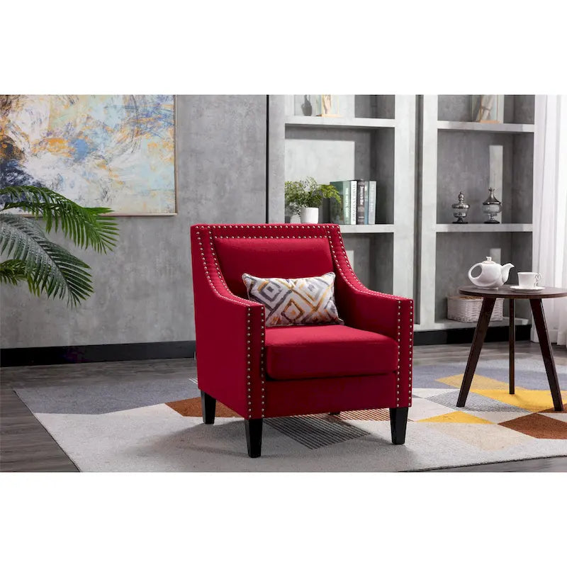 Fauteuil de salon en tissu de lin clouté avec pieds en bois massif