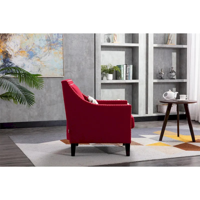 Fauteuil de salon en tissu de lin clouté avec pieds en bois massif