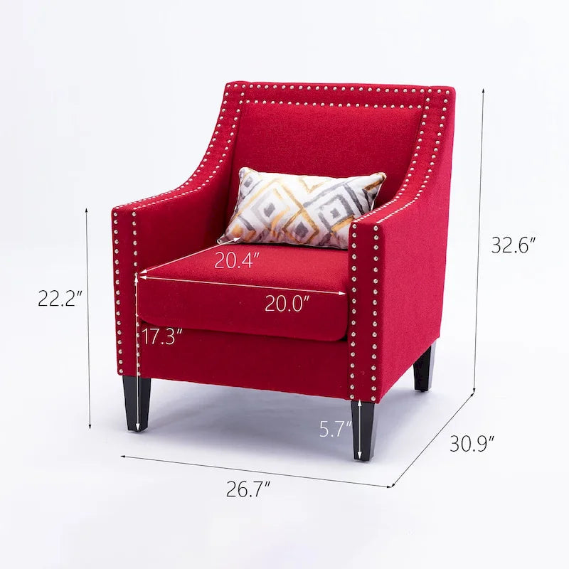 Fauteuil de salon en tissu de lin clouté avec pieds en bois massif