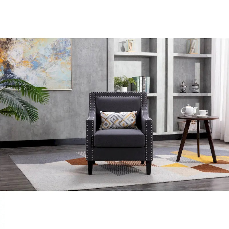 Fauteuil de salon en tissu de lin clouté avec pieds en bois massif