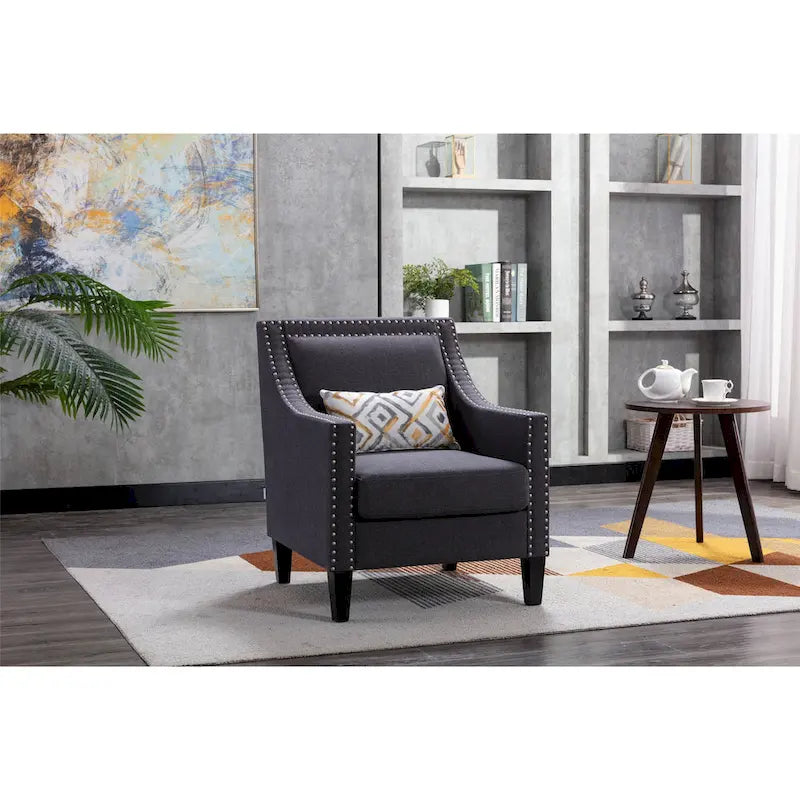 Fauteuil de salon en tissu de lin clouté avec pieds en bois massif