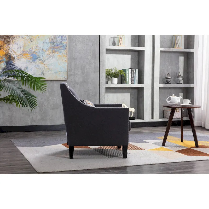 Fauteuil de salon en tissu de lin clouté avec pieds en bois massif