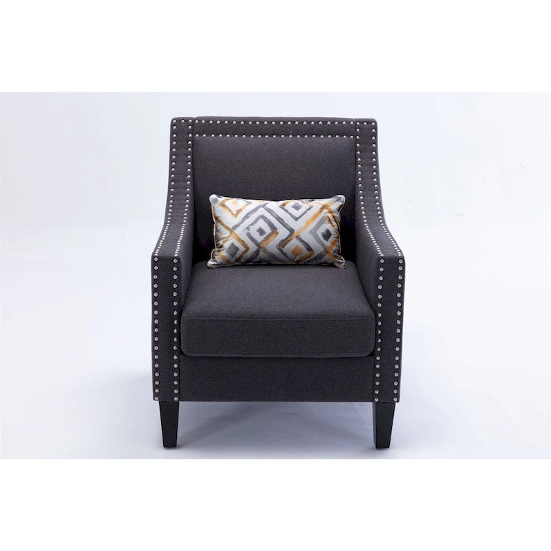 Fauteuil de salon en tissu de lin clouté avec pieds en bois massif