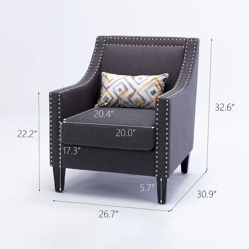 Fauteuil de salon en tissu de lin clouté avec pieds en bois massif