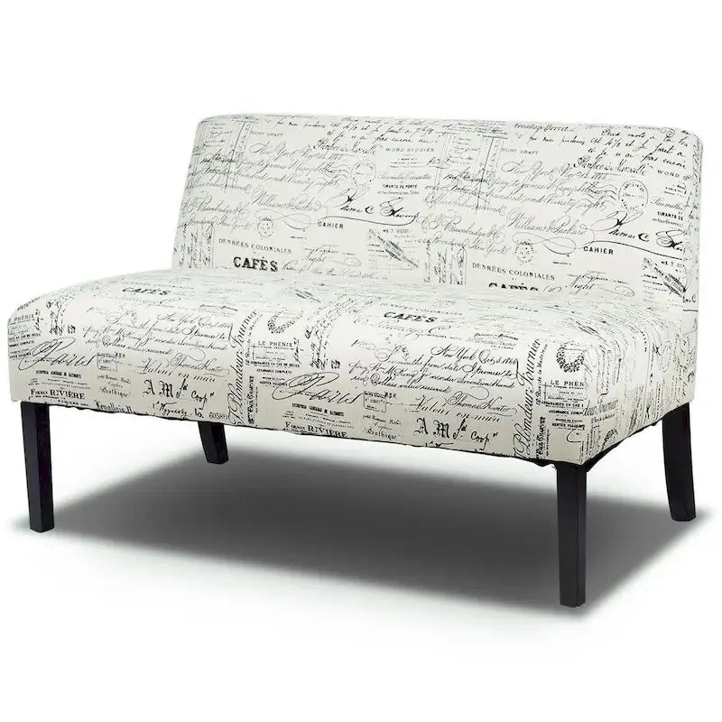 Canapé deux places en tissu écru moderne avec motif calligraphique