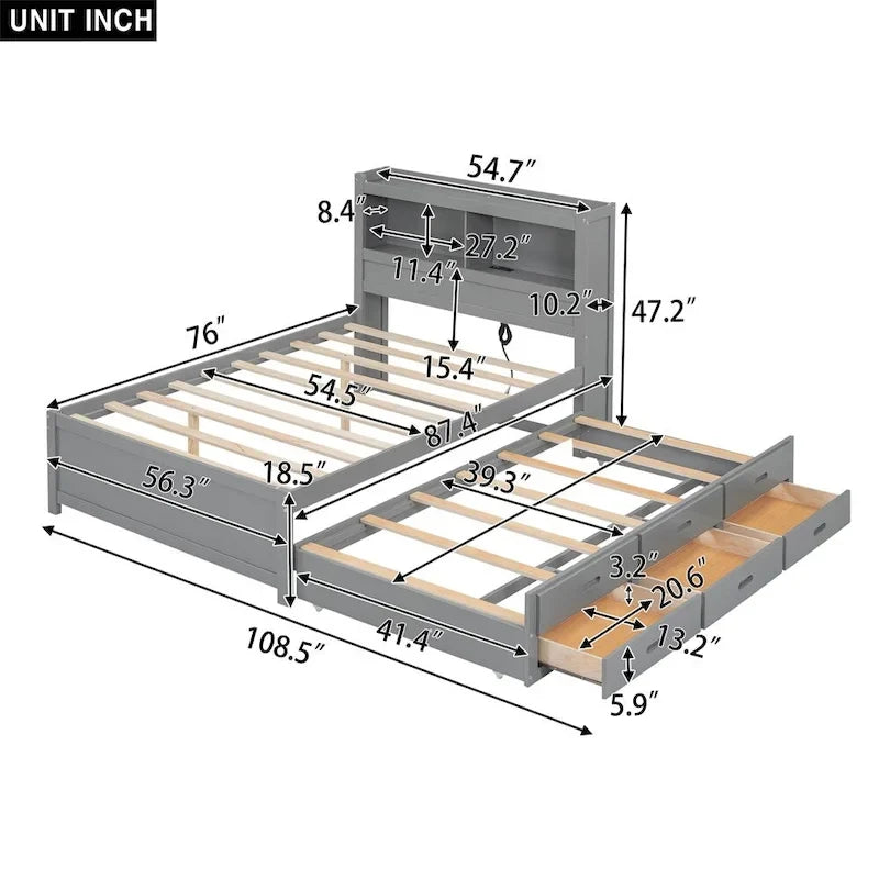 Lit plateforme double avec lit gigogne et prises USB
