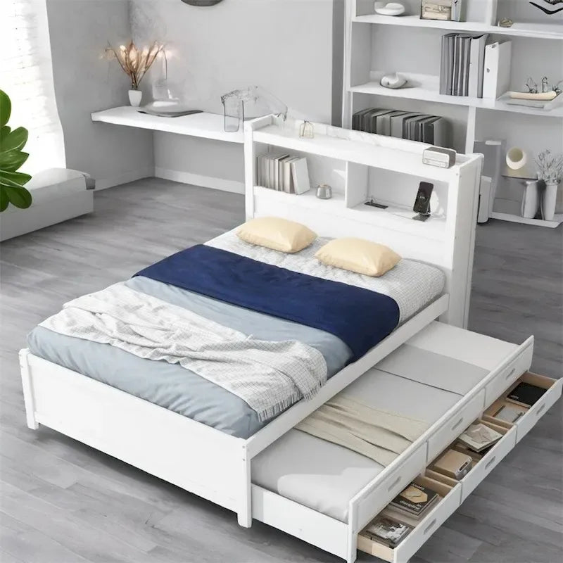 Lit plateforme double avec lit gigogne et prises USB