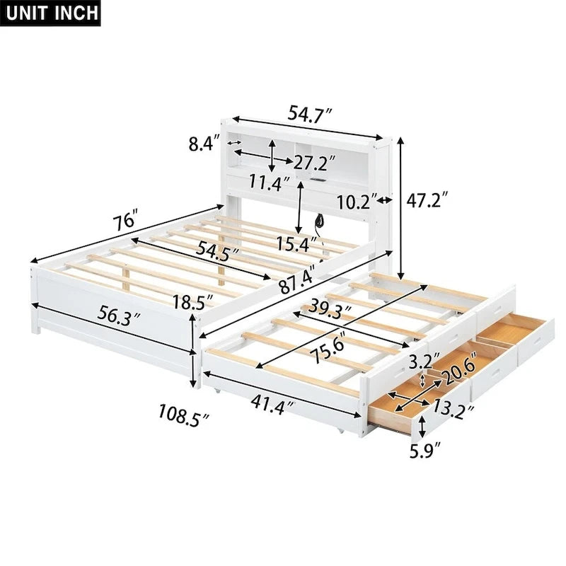 Lit plateforme double avec lit gigogne et prises USB