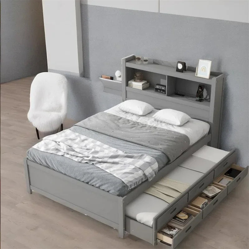 Lit plateforme double avec lit gigogne et prises USB