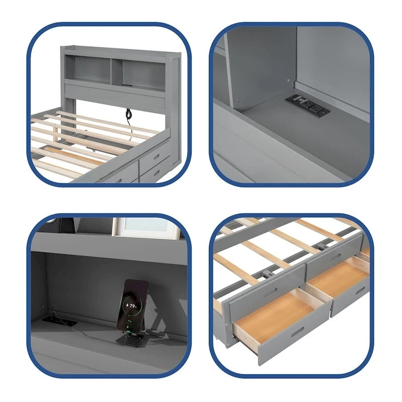 Lit plateforme double avec lit gigogne et prises USB
