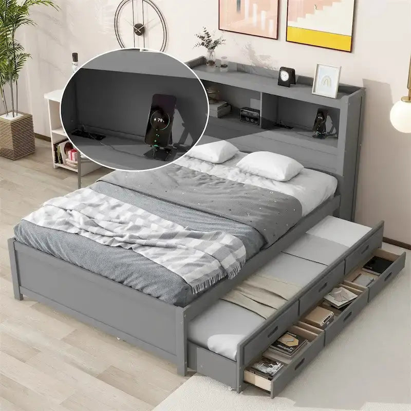 Lit plateforme double avec lit gigogne et prises USB