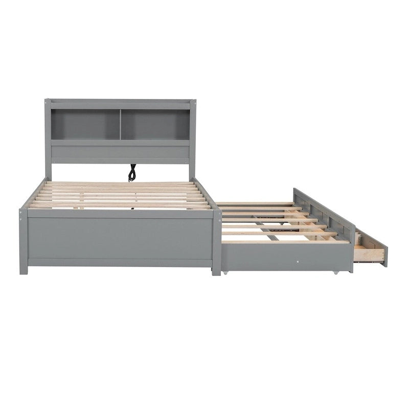 Lit plateforme double avec lit gigogne et prises USB