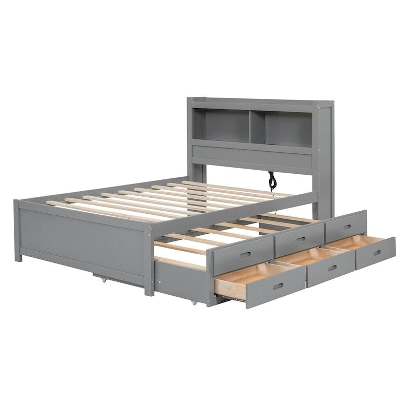 Lit plateforme double avec lit gigogne et prises USB