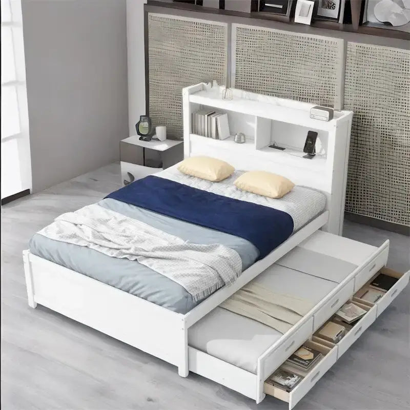 Lit plateforme double avec lit gigogne et prises USB