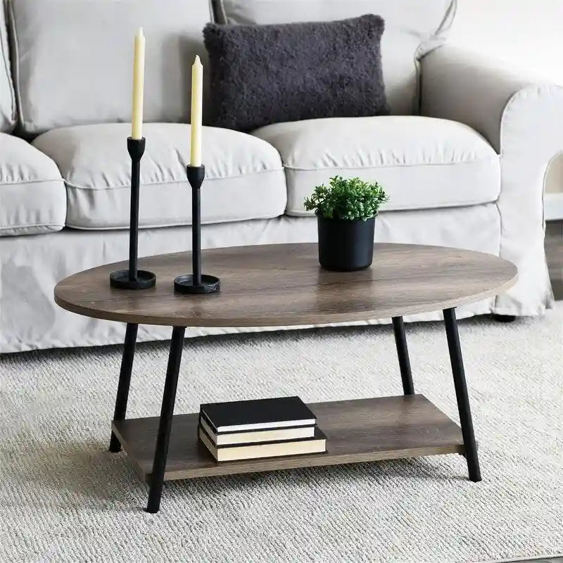 Table basse rustique ovale avec étagère de rangement