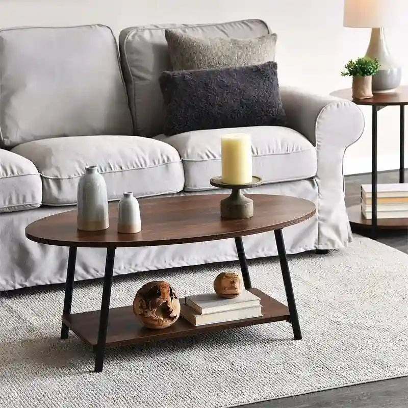 Table basse rustique ovale avec étagère de rangement