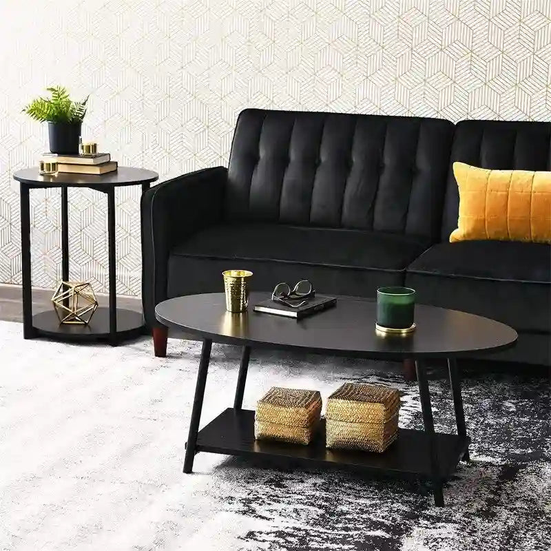 Table basse rustique ovale avec étagère de rangement